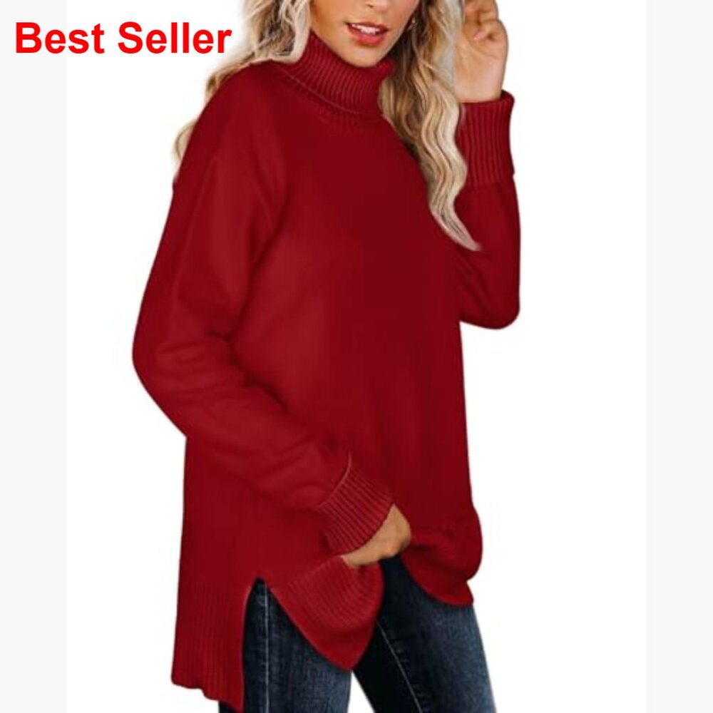 Turtleneck Pullover Sweater With Side Split Hem A… - image 3